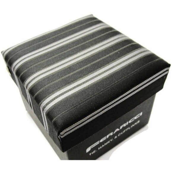 Feraricci Tie, Hanky & Cufflinks Matching Set Silver Tone Wedding Formal Tux IOB - Picture 6 of 7